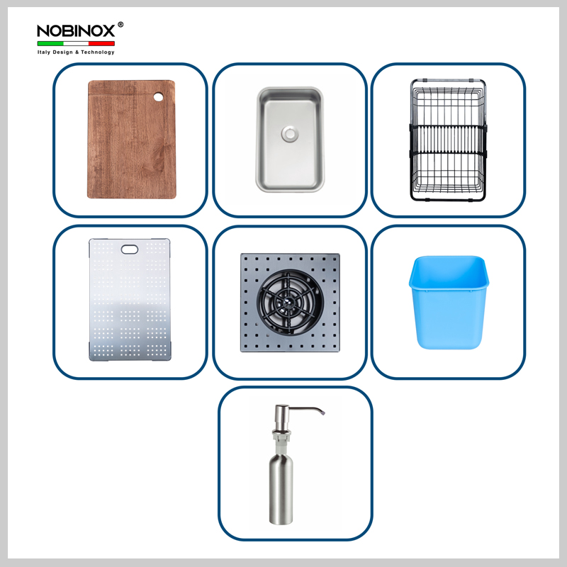 Bộ phụ kiện chậu rửa NJ511B gồm thớt, rổ, khay, bình rửa bát