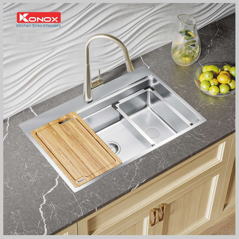 Chậu rửa bát Konox KN7650TS lòng sâu, chống bám dầu, tích hợp thớt gỗ tiện ích