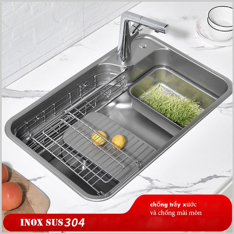 Chậu rửa bát 1 hố KP7548 LUX inox 304 cao cấp, bề mặt Linen chống xước, thiết kế hiện đại