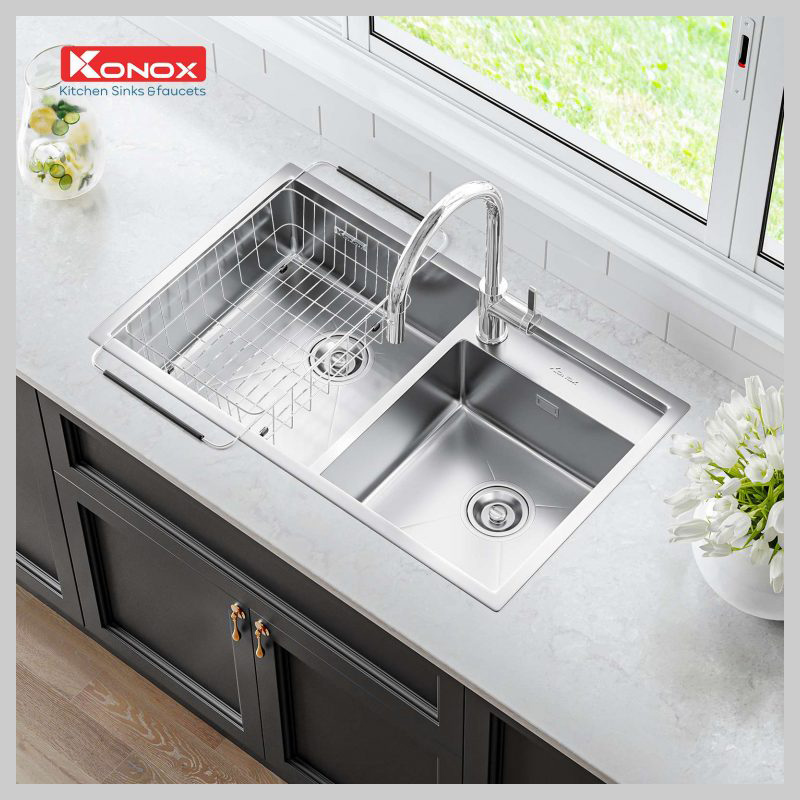 Chậu rửa bát KONOX KN8248DO inox 304, thiết kế 2 hố lệch tiện dụng, lắp đặt overmount