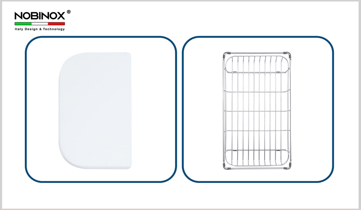 Phụ kiện đi kèm chậu NN975D gồm thớt nhựa và rổ lọc tiện lợi