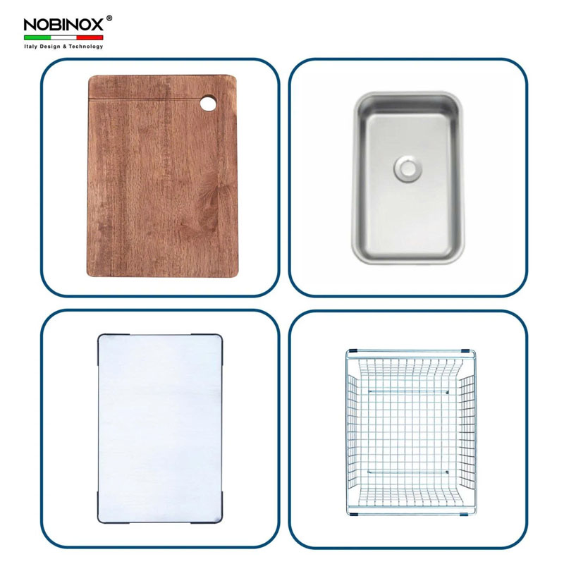 Chậu Nobinox LIRA NJ564D kèm phụ kiện thớt gỗ, thớt inox, rổ, khay