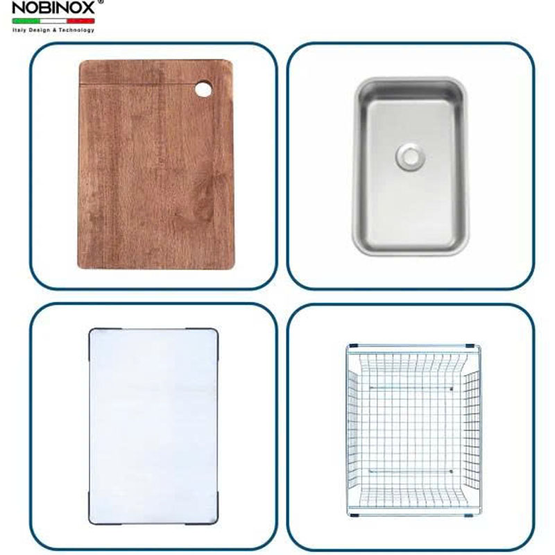 Chậu Rửa Bát Nobinox LIRA NJ566D kèm phụ kiện thớt gỗ, thớt inox, rổ JL, khay LK