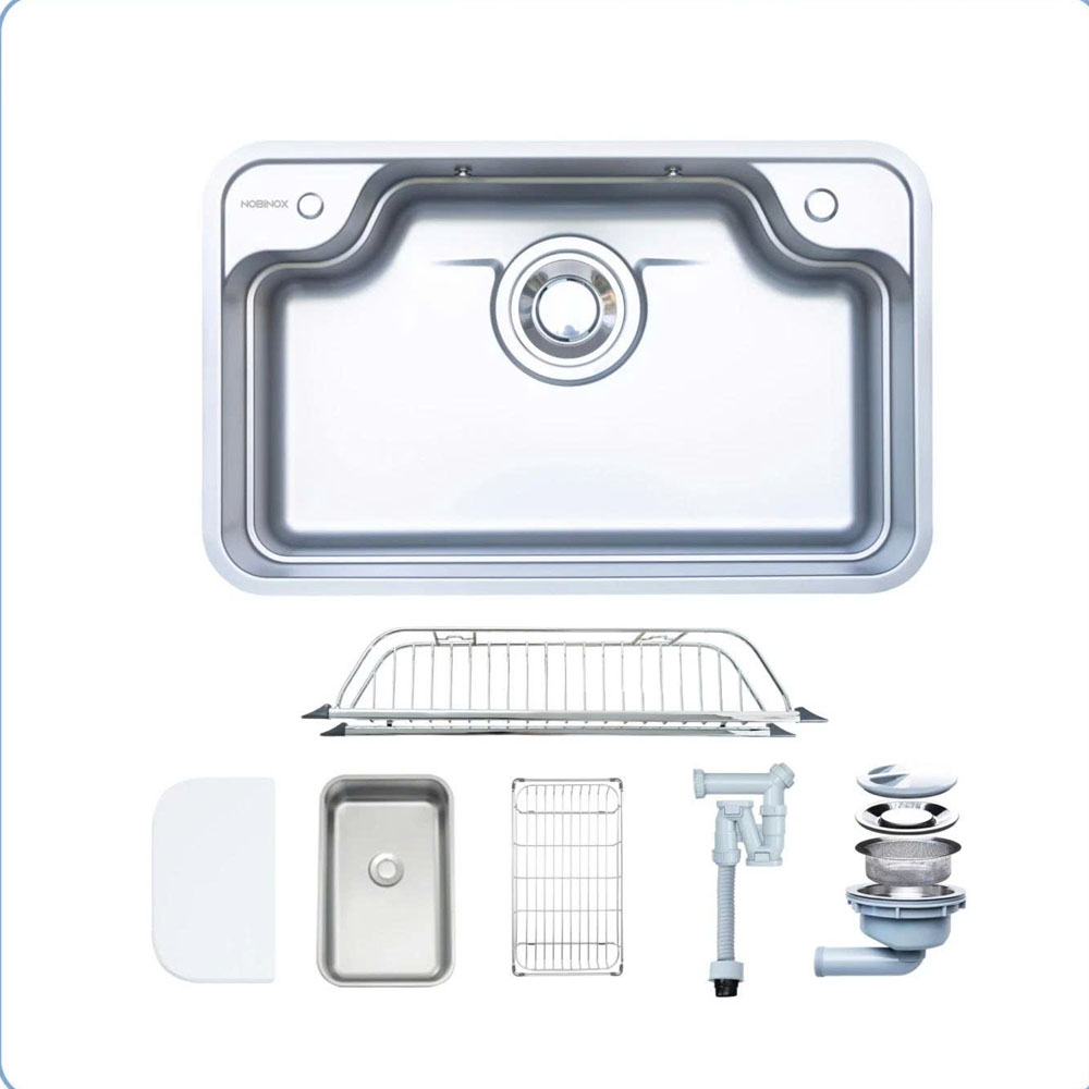 Chậu rửa bát 1 hố cao cấp Nobinox NL890D đầy đủ thớt và rổ inox