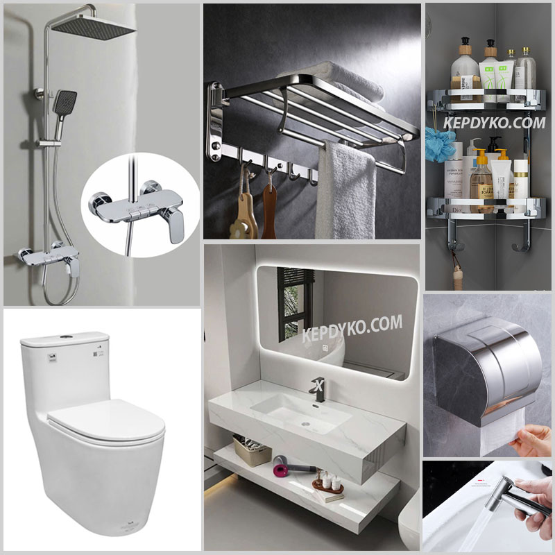 Combo nhà tắm TD65 – bộ 9 món cao cấp gồm bồn cầu, lavabo bàn đá, sen tắm, phụ kiện inox 304
