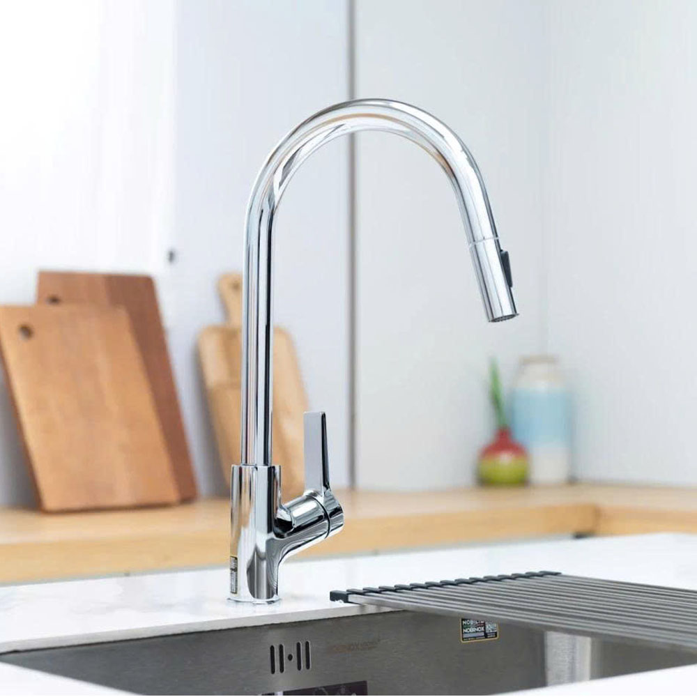 Vòi rửa bát dây rút Nobinox Loft NX533 mạ Chrome sáng bóng sang trọng