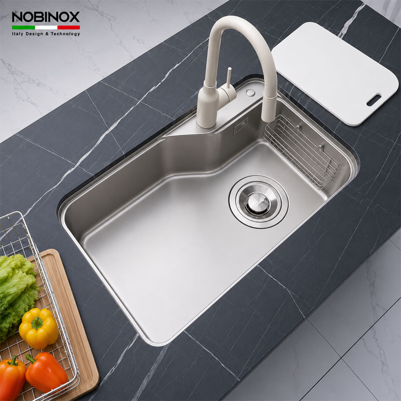 Lòng chậu rửa bát Nobinox VA200 sâu 230mm giúp thoải mái rửa nồi chảo lớn