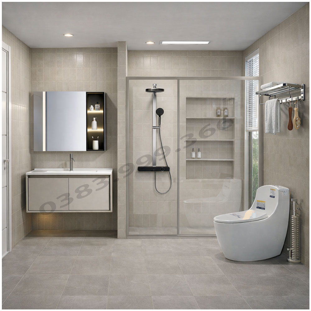 Trọn bộ combo thiết bị vệ sinh AK605 VIP 8 món cao cấp đồng bộ màu ghi xám