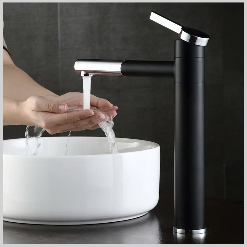 Vòi rửa mặt nóng lạnh màu đen, chất liệu đồng thau cao cấp