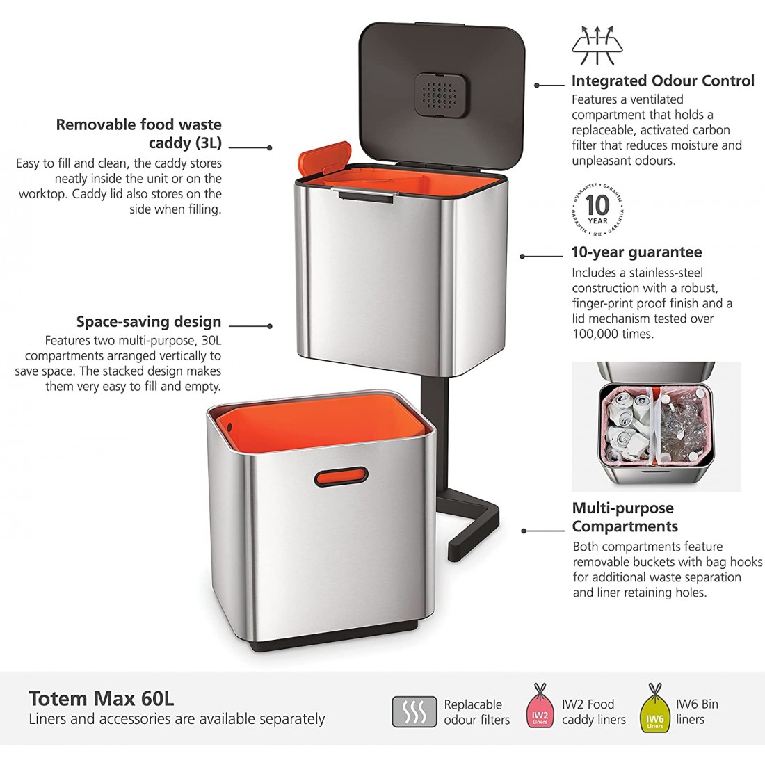 Thùng rác 2 ngăn Joseph Joseph 30060 TotemCompact 60L - Stainless Steel