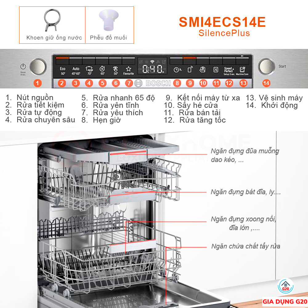 Máy rửa bát bán âm Bosch SMI4ECS14E Serie 4, dung tích 13 bộ