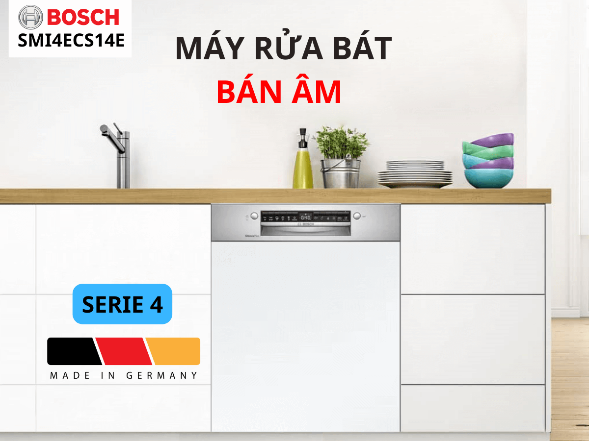 Máy rửa bát bán âm Bosch SMI4ECS14E Serie 4, dung tích 13 bộ