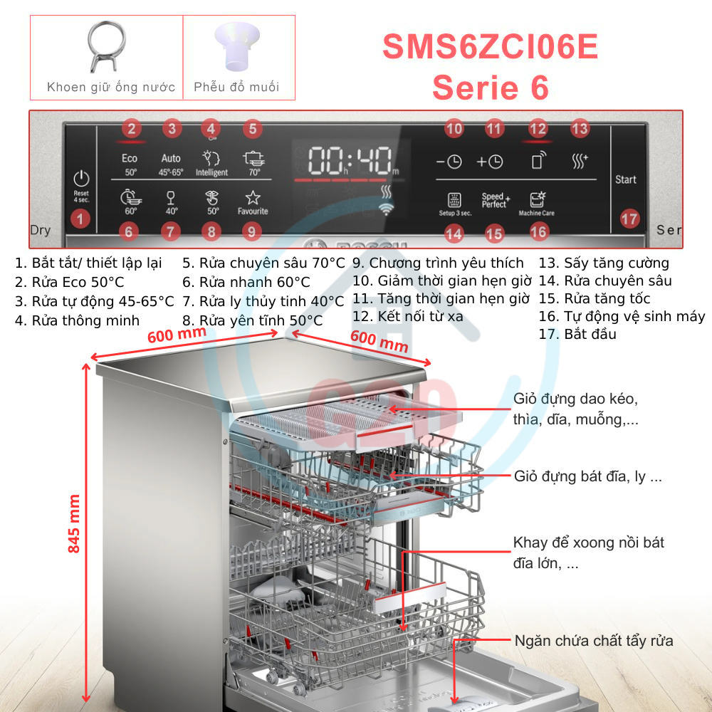 Máy rửa bát độc lập Bosch SMS6ZCI06E Serie 6, Dung tích 14 bộ