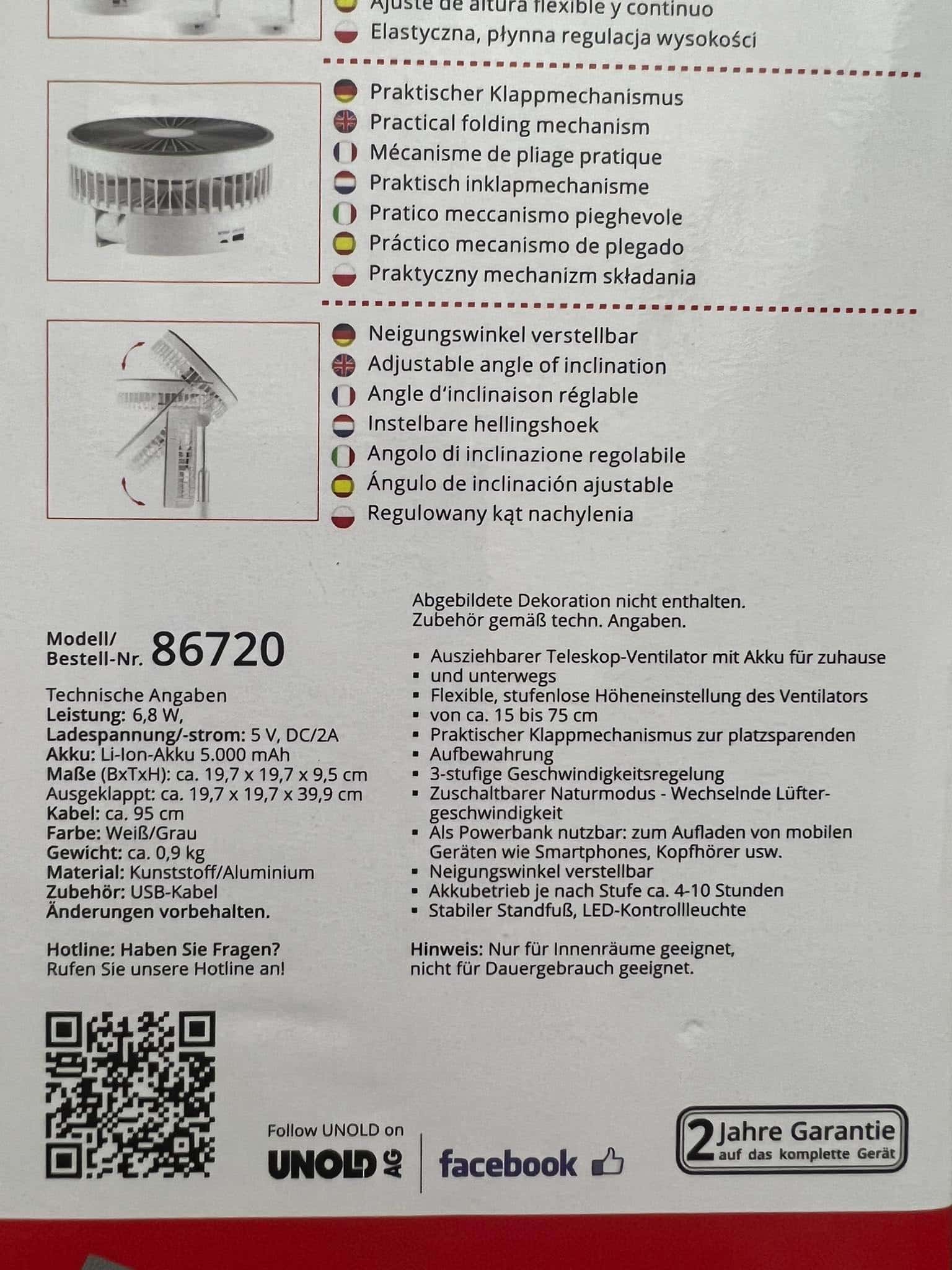 Quạt gấp gọn tích điện UNOLD 86720 Cordless Teleskop