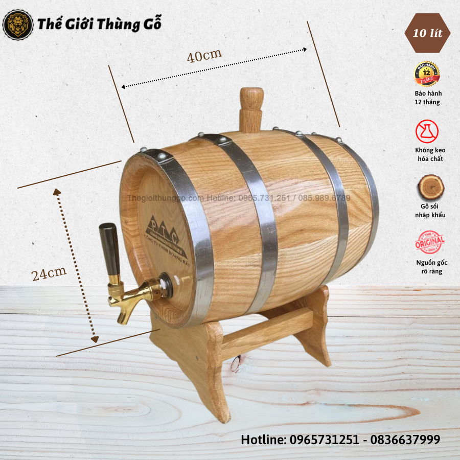 Kích thước thùng gỗ sồi 10 lít