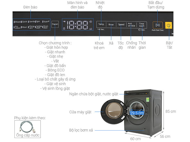 Máy giặt Whirlpool Inverter 9 kg FWEB9002FWG 5