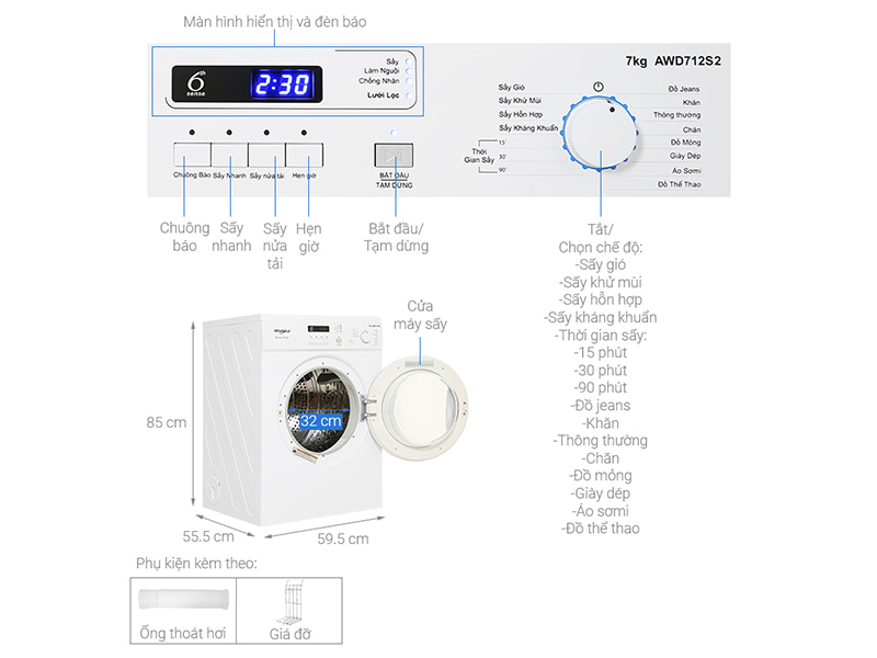 Máy sấy thông hơi Whirlpool 7 Kg AWD712S2 5
