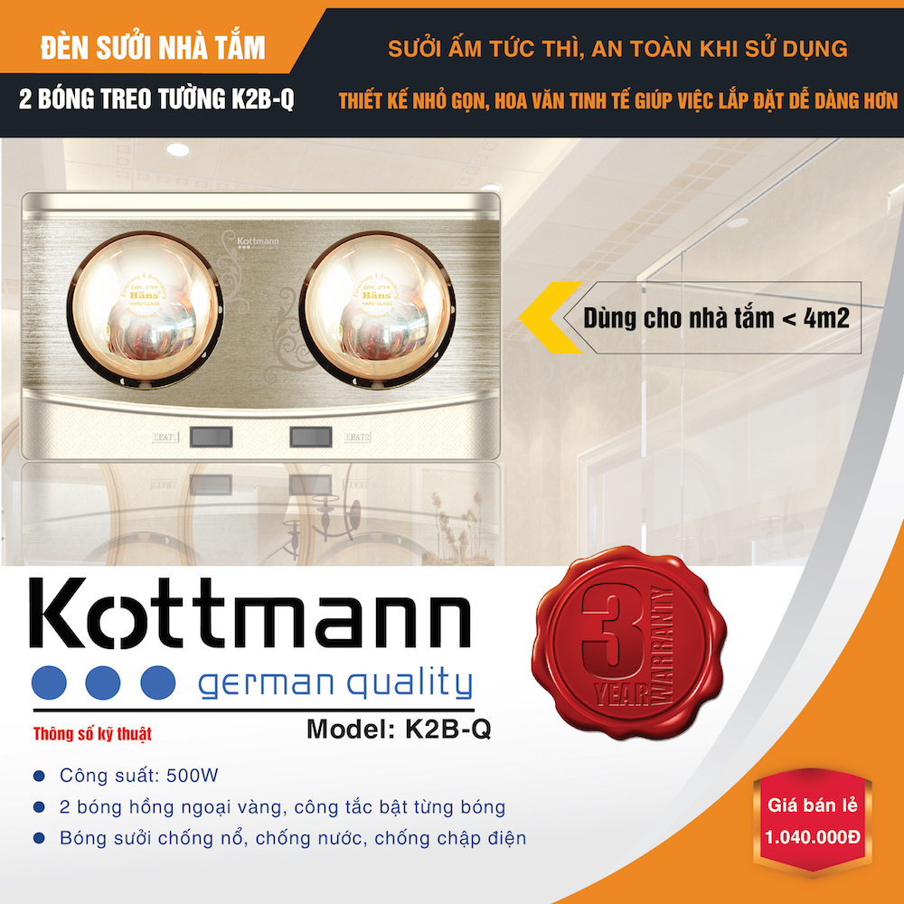 Đèn sưởi nhà tắm Kottmann 2 bóng treo tường K2B-Q