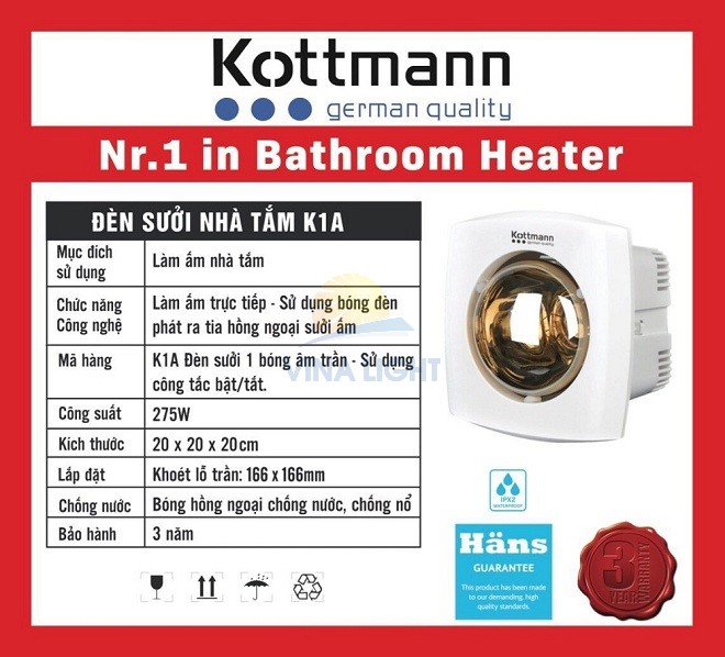 Thông số kỹ thuật của Đèn sưởi nhà tắm âm trần 1 bóng Kottmann K1A