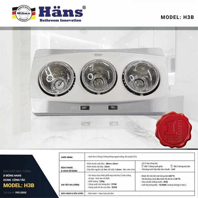 Đèn sưởi nhà tắm treo tường 3 bóng H3B Hans