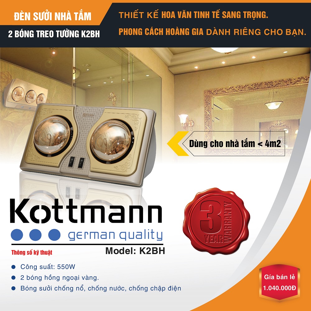 Đèn sưởi nhà tắm Kottmann K2BH hai bóng vàng
