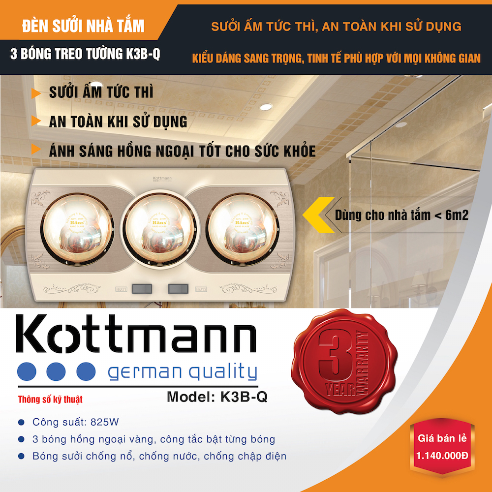 Đèn sưởi nhà tắm Kottmann 3 bóng treo tường K3B-Q