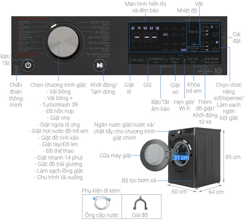 Thông số kỹ thuật Máy giặt LG Inverter 14 kg FV1414S3BA 