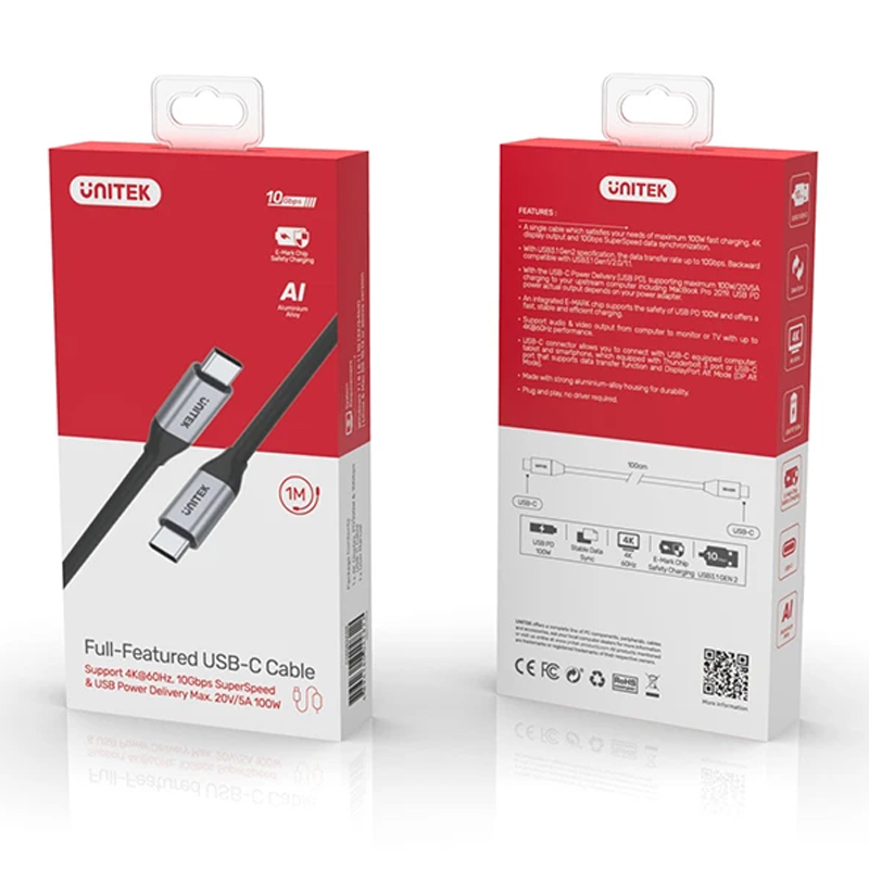 Cáp USB type C 3.1 Gen 2 10Gbps video HD 4K60Hz power 100W Unitek C14083ABK