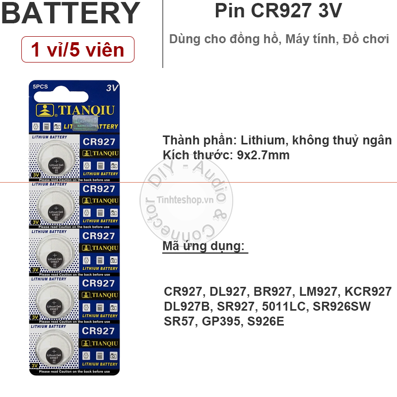 Pin cúc áo 3V CR927 DL927 BR927 LM927 Tianqiu