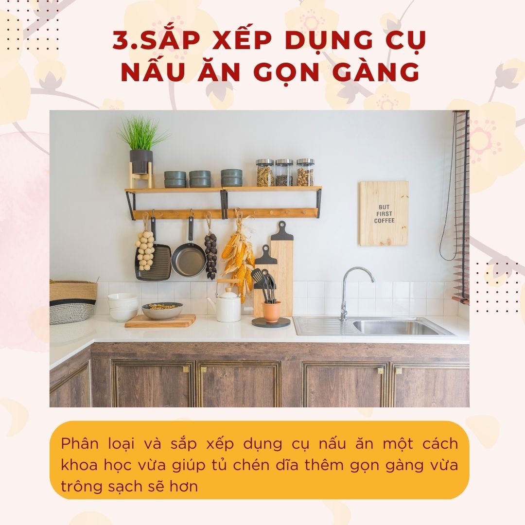 Sắp xếp dụng cụ nấu ăn gọn gàng