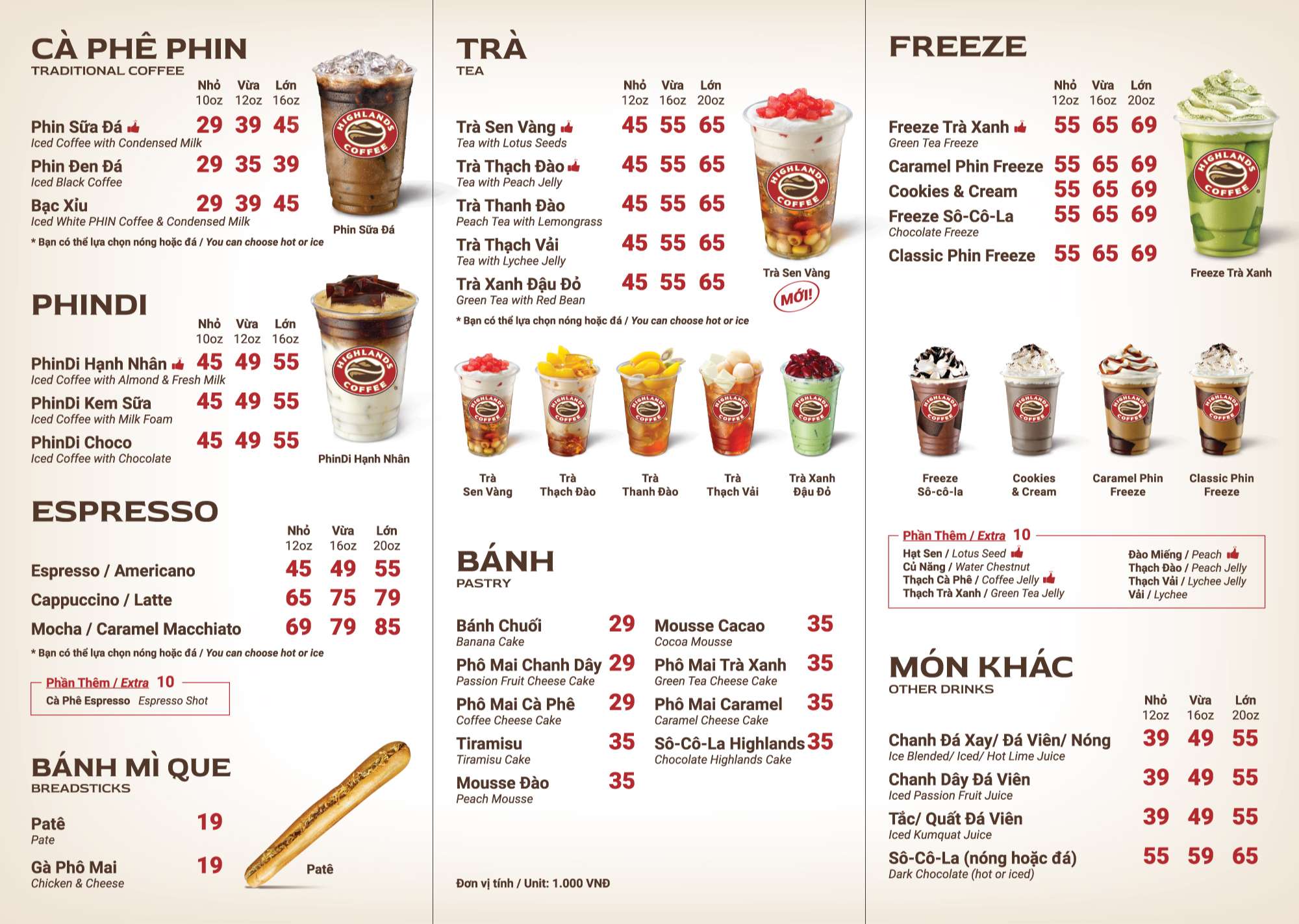 Menu và bảng giá nước Highland coffee 2023