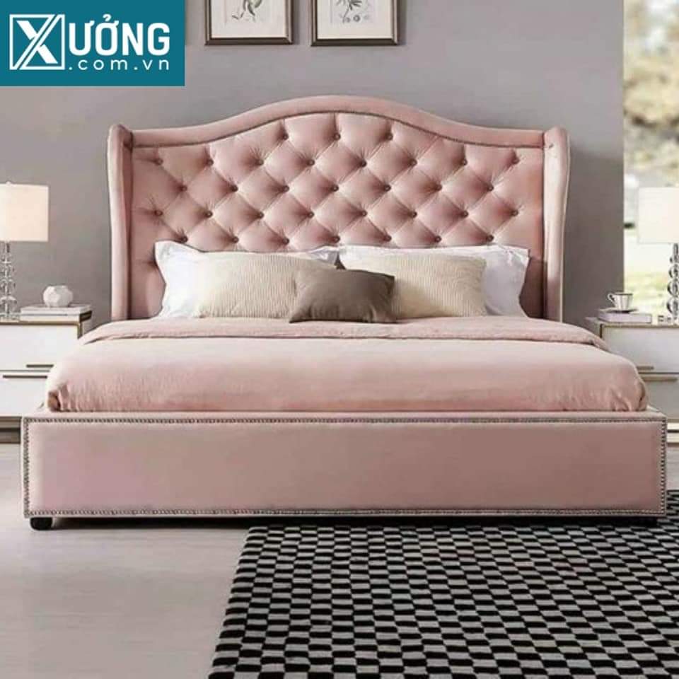 Mẫu giường nệm bọc vải nỉ màu hồng theo yêu cầu