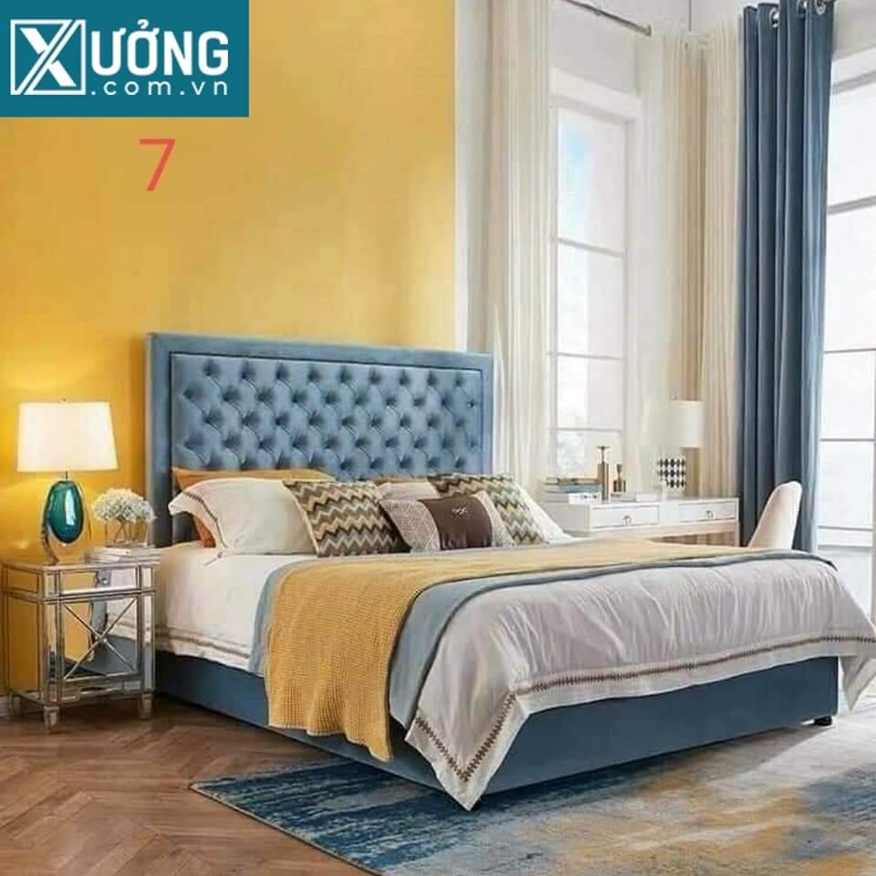 Mẫu giường nỉ bọc màu xanh theo yêu cầu