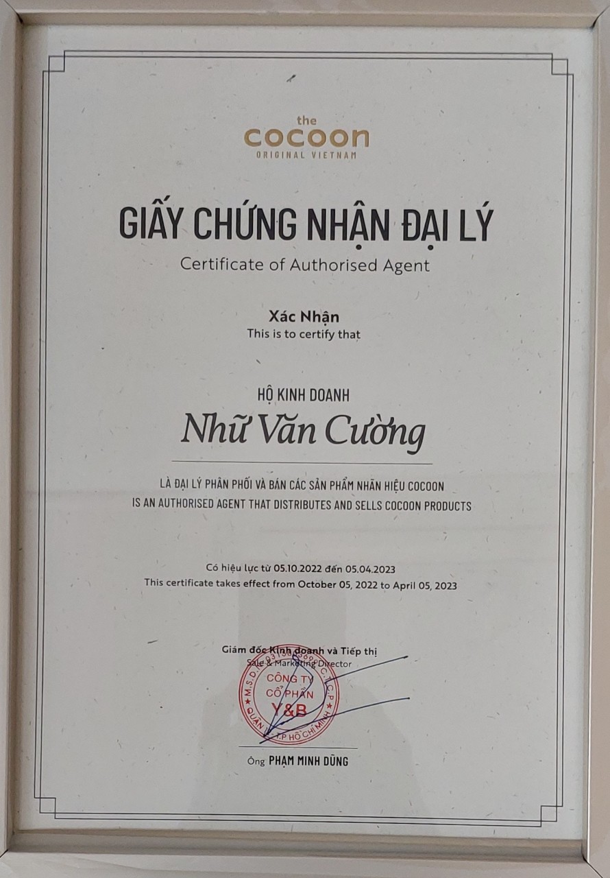 Chứng nhận đại lý phân phối sản phẩm nhãn hàng Cocoon