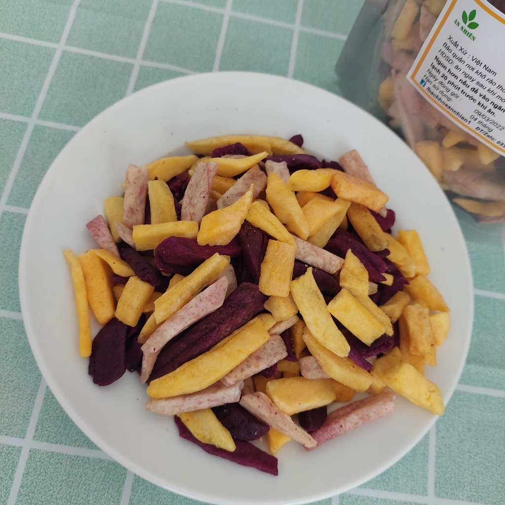 khoai lang sấy hỗn hợp khoai vàng khoai tím khoai môn hàng vụn An Nhiên