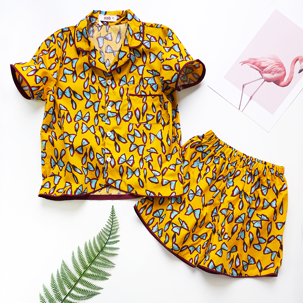 Pijama ngắn mẹ và bé viền lai P-TN005 - Vàng nơ