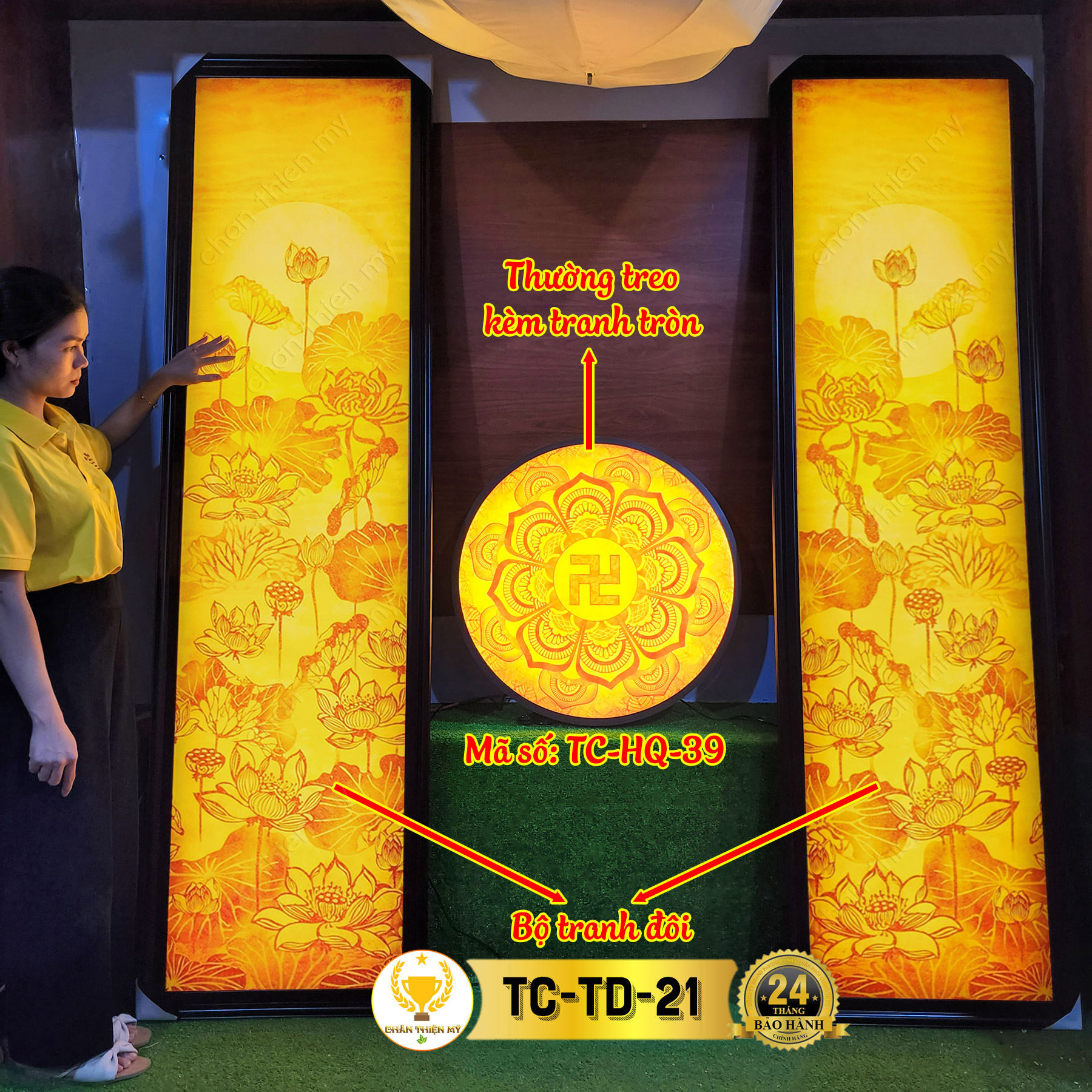 Đèn Hào Quang Hoa Sen In Tranh Trúc Chỉ Bộ Đôi CHÂN THIỆN MỸ, Trang Trí Phòng Thờ, Bàn Thờ Treo Tường TC-TD-02