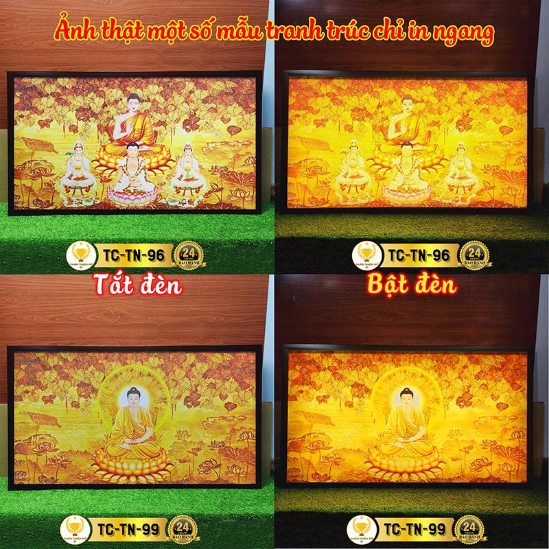 Đèn Hào Quang Phật Quan Âm In Tranh Trúc Chỉ Hoa Sen Ngang CHÂN THIỆN MỸ, Trang Trí Bàn Thờ Phật, Treo Phòng Thờ TC-TN-20