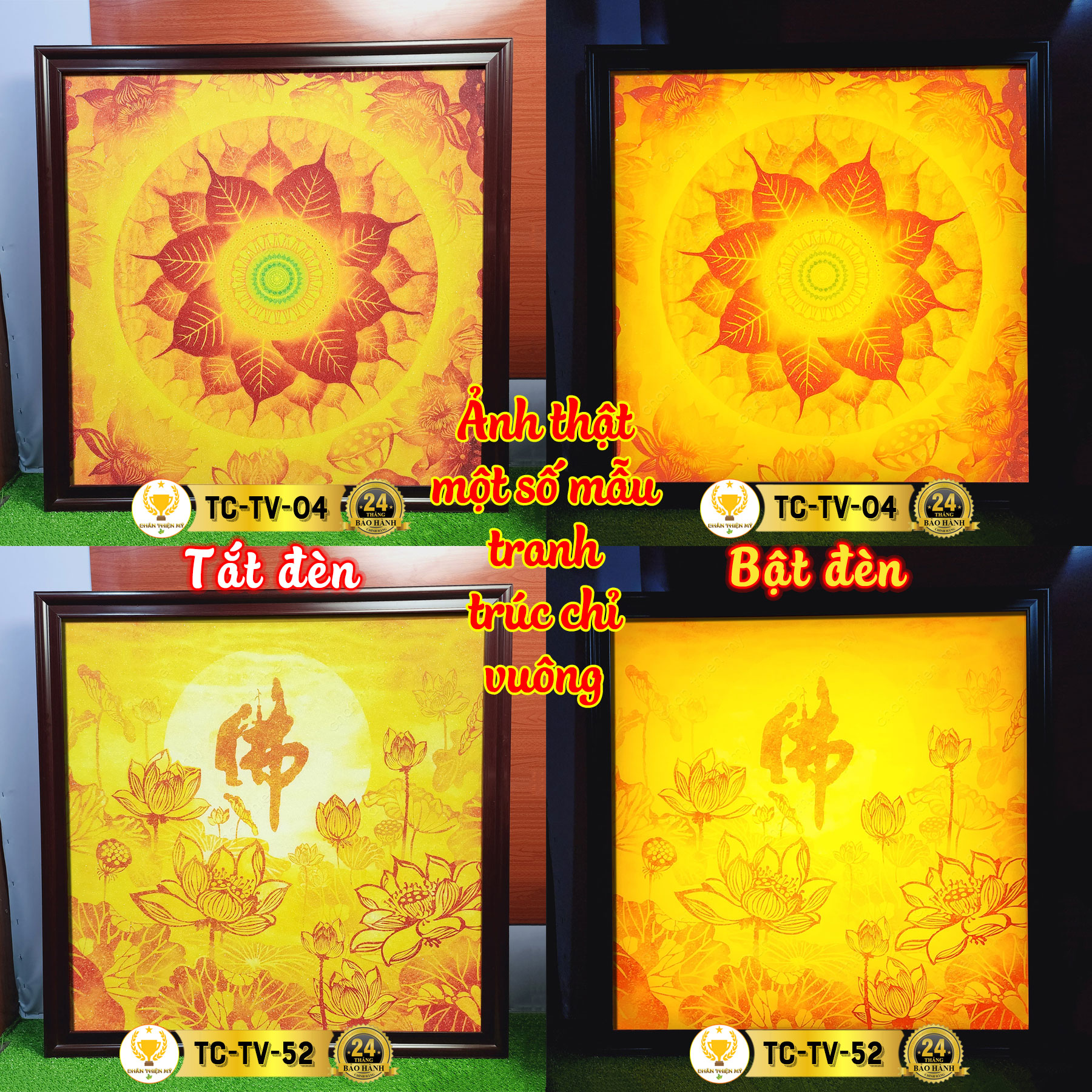 Đèn Hào Quang Mandala Hoa Sen In Tranh Trúc Chỉ Vuông CHÂN THIỆN MỸ, Trang Trí Bàn Thờ Gia Tiên, Treo Phòng Thờ TC-TV-02