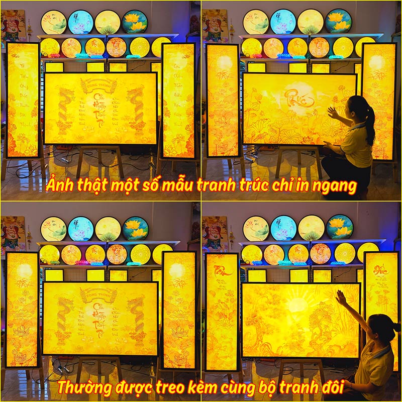 Đèn Hào Quang Phật Hoa Sen In Tranh Trúc Chỉ Ngang CHÂN THIỆN MỸ, Tranh Treo Phòng Thờ Cùng Tượng Phật TC-TN-49