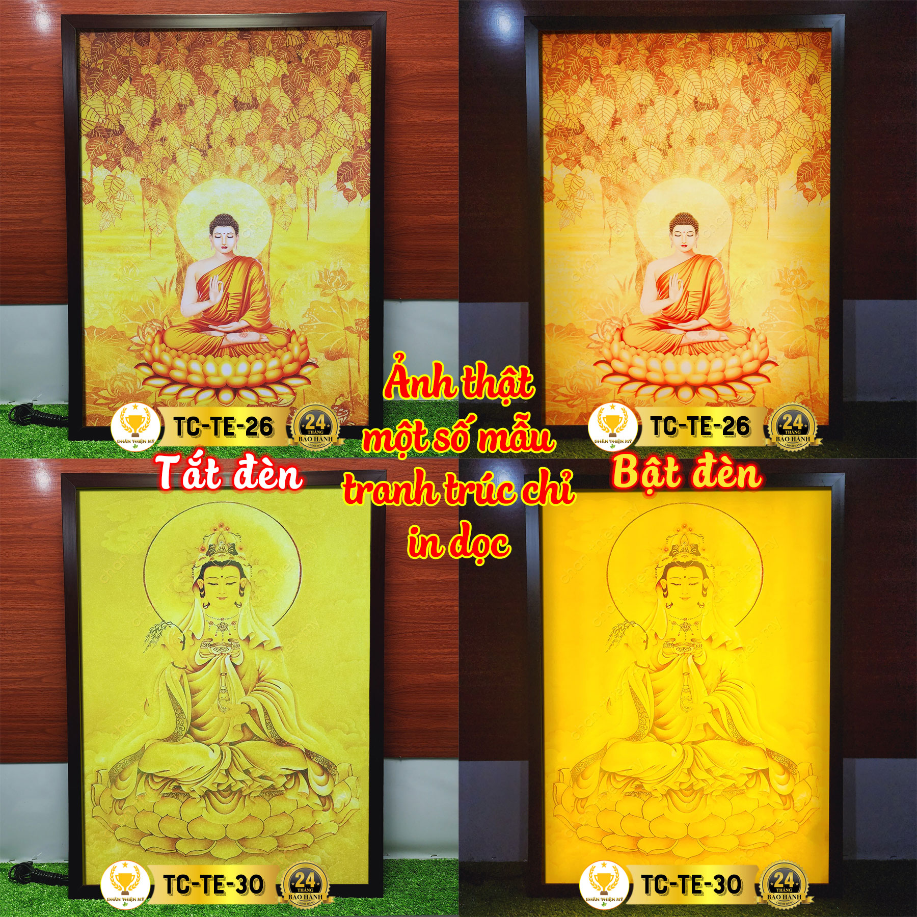 Đèn Hào Quang Hoa Sen In Tranh Trúc Chỉ Dọc CHÂN THIỆN MỸ, Trang Trí Bàn Thờ, Trang Thờ Treo Tường TC-TE-13