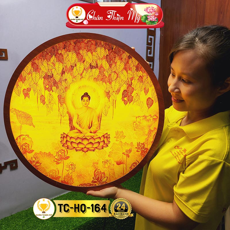Đèn Hào Quang Hoa Sen In Tranh Trúc Chỉ CHÂN THIỆN MỸ, Tranh Treo Phòng Thờ, Trang Trí Tượng Phật TC-HQ-96