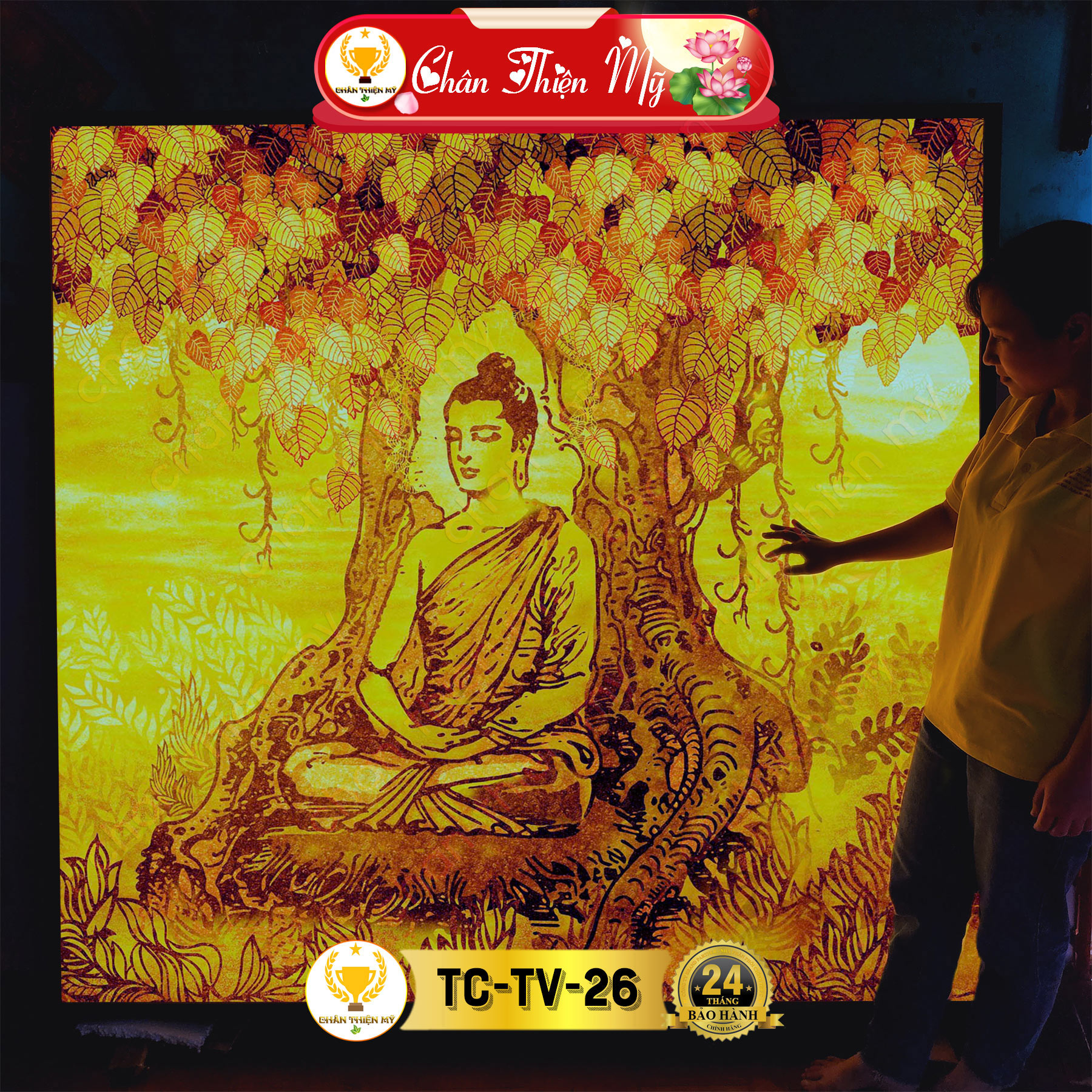Hào Quang Phật Hoa Sen In Tranh Trúc Chỉ Vuông CHÂN THIỆN MỸ, Đèn Trang Trí Bàn Thờ, Treo Phòng Thờ TC-TV-30