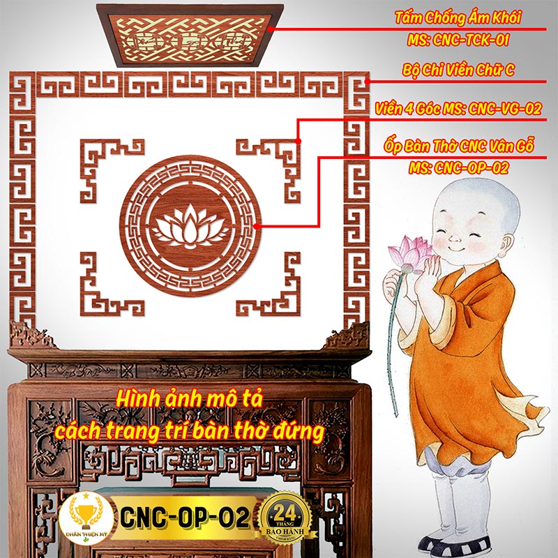 Tấm Ốp Tường Bàn Thờ Cắt CNC Họa Tiết Hoa Sen CHÂN THIỆN MỸ, Trang Trí Ban Thờ Phật, Treo Phòng Thờ CNC-OP-02