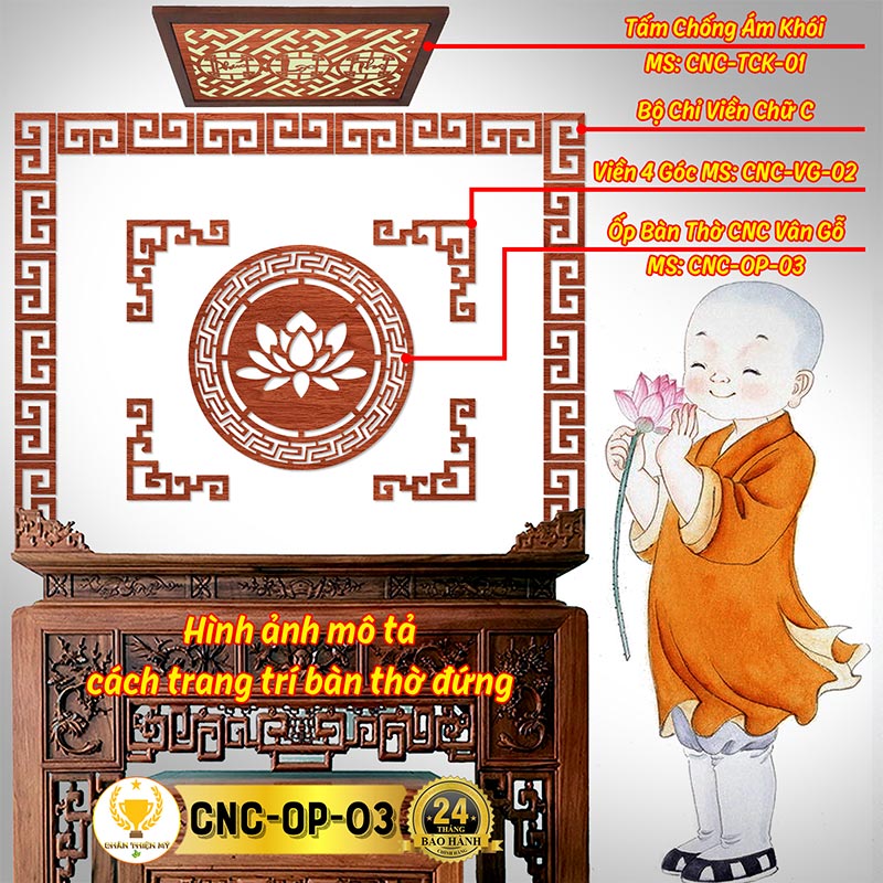 Tấm Ốp Tường Bàn Thờ Cắt CNC Họa Tiết Hoa Sen CHÂN THIỆN MỸ, Trang Trí Ban Thờ Gia Tiên, Treo Tượng Phật CNC-OP-03
