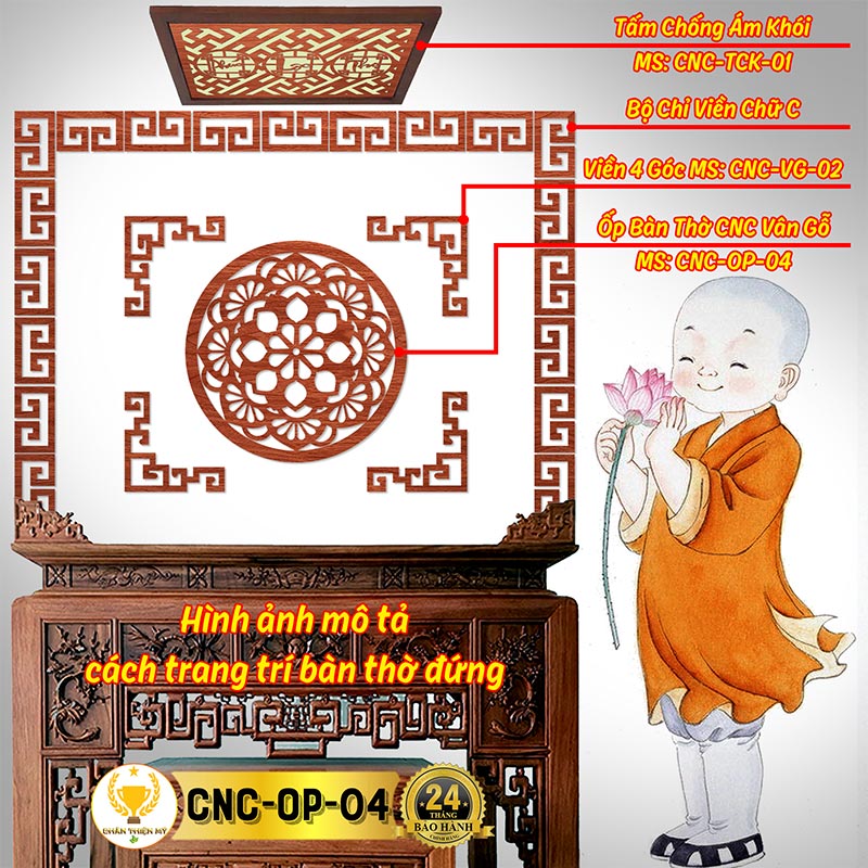 Tấm Ốp Tường Bàn Thờ Cắt CNC Họa Tiết Mandala CHÂN THIỆN MỸ, Trang Trí Ban Thờ Gia Tiên, Treo Tượng Phật CNC-OP-04