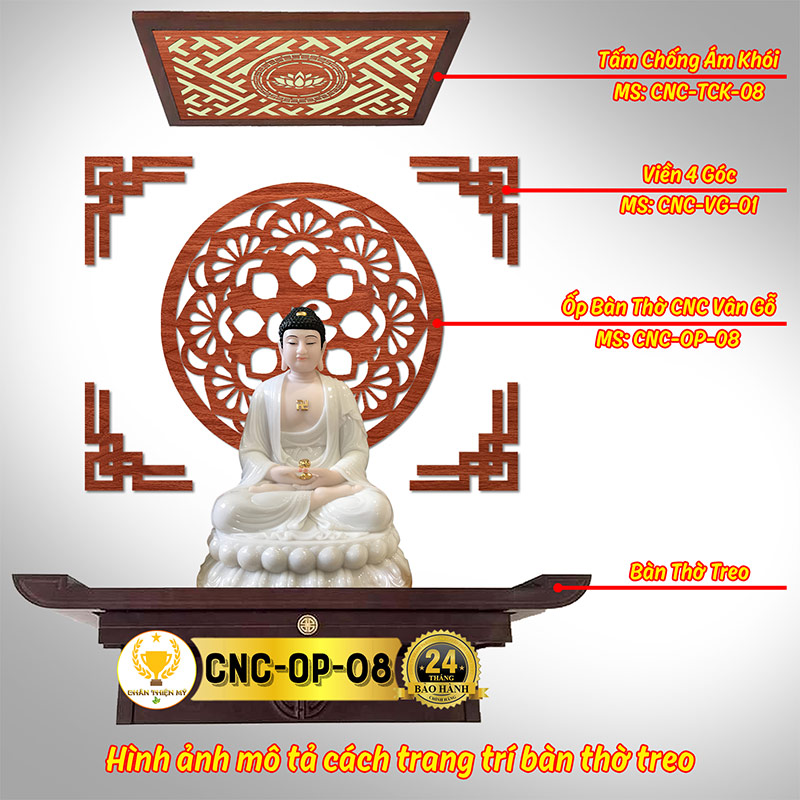 Tấm Ốp Tường Bàn Thờ Cắt CNC Họa Tiết Chữ Tâm CHÂN THIỆN MỸ, Trang Trí Ban Thờ Phật, Treo Phòng Thờ CNC-OP-08
