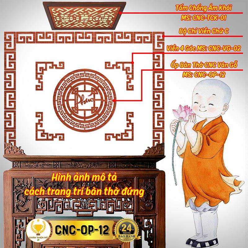 Tấm Ốp Tường Bàn Thờ Cắt CNC Họa Tiết Chữ Phúc CHÂN THIỆN MỸ, Trang Trí Ban Thờ Gia Tiên, Treo Tượng Phật CNC-OP-12
