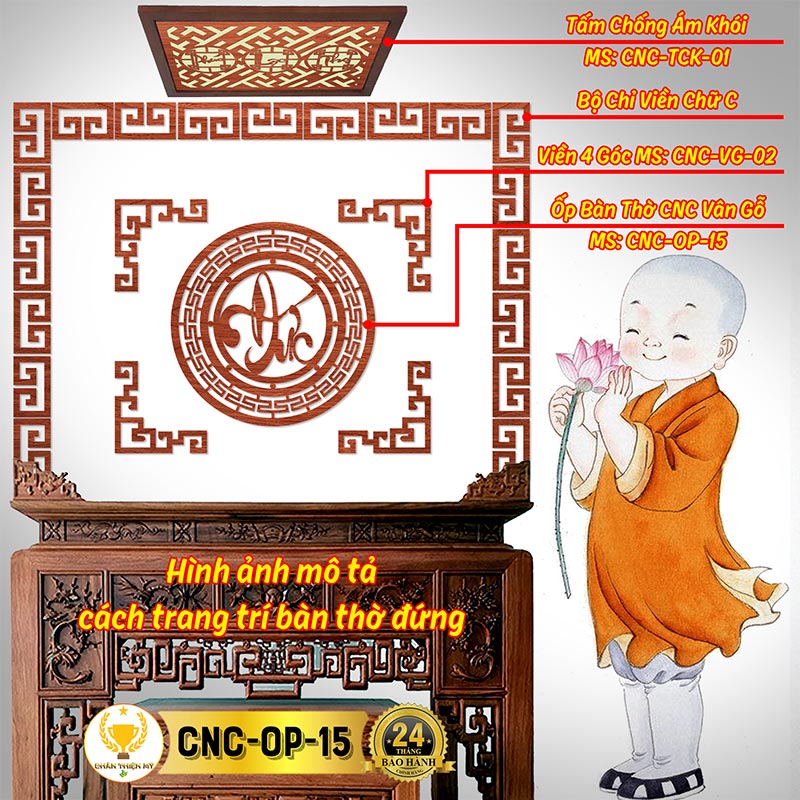 Tấm Ốp Tường Bàn Thờ Cắt CNC Họa Tiết Chữ Đức CHÂN THIỆN MỸ, Trang Trí Ban Thờ Phật, Treo Phòng Thờ CNC-OP-15