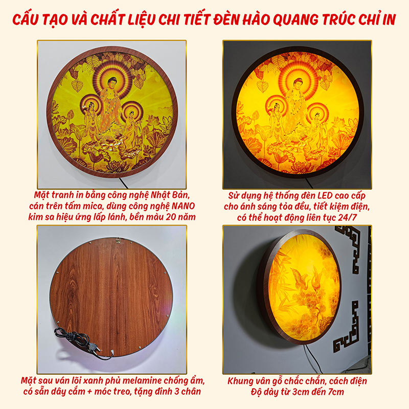 Đèn Hào Quang Hoa Sen In Tranh Trúc Chỉ CHÂN THIỆN MỸ, Tranh Treo Phòng Thờ, Trang Trí Tượng Phật TC-HQ-150